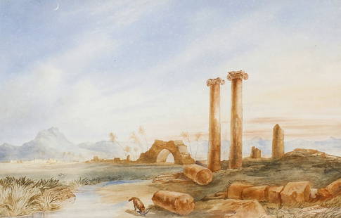 A group of paintings and prints (13): A group of paintings and prints. To include a watercolour, 'The Ruins of Sardis' after Louis Francois Cassas, (1756-1827); an overpainted print after John Wright Oakes, and eleven others. (13).