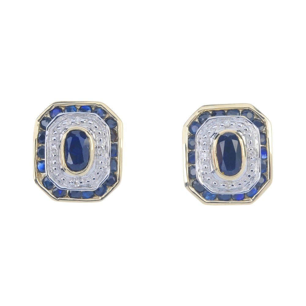 A pair of 9ct gold sapphire and diamond ear studs. (1 of 2)