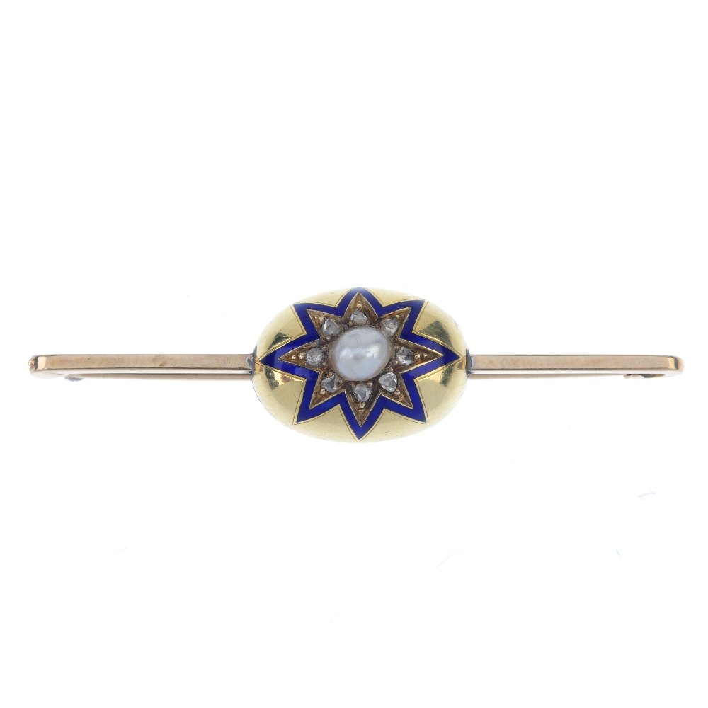 A late Victorian gold pearl, diamond and enamel star (1 of 2)