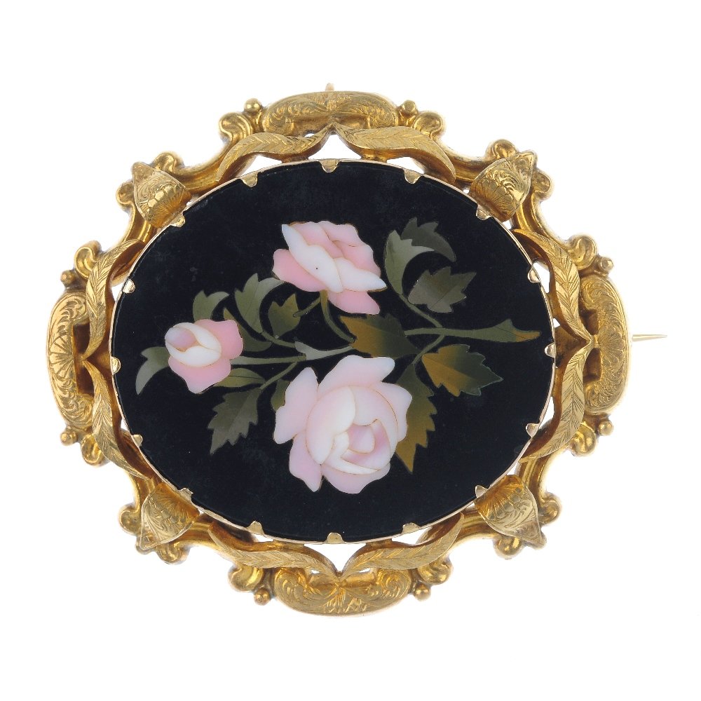 A late 19th century gold pietra dura brooch. (1 of 2)