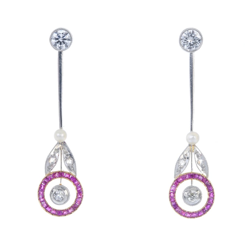 A pair of ruby, seed pearl and diamond ear pendants. (1 of 2)