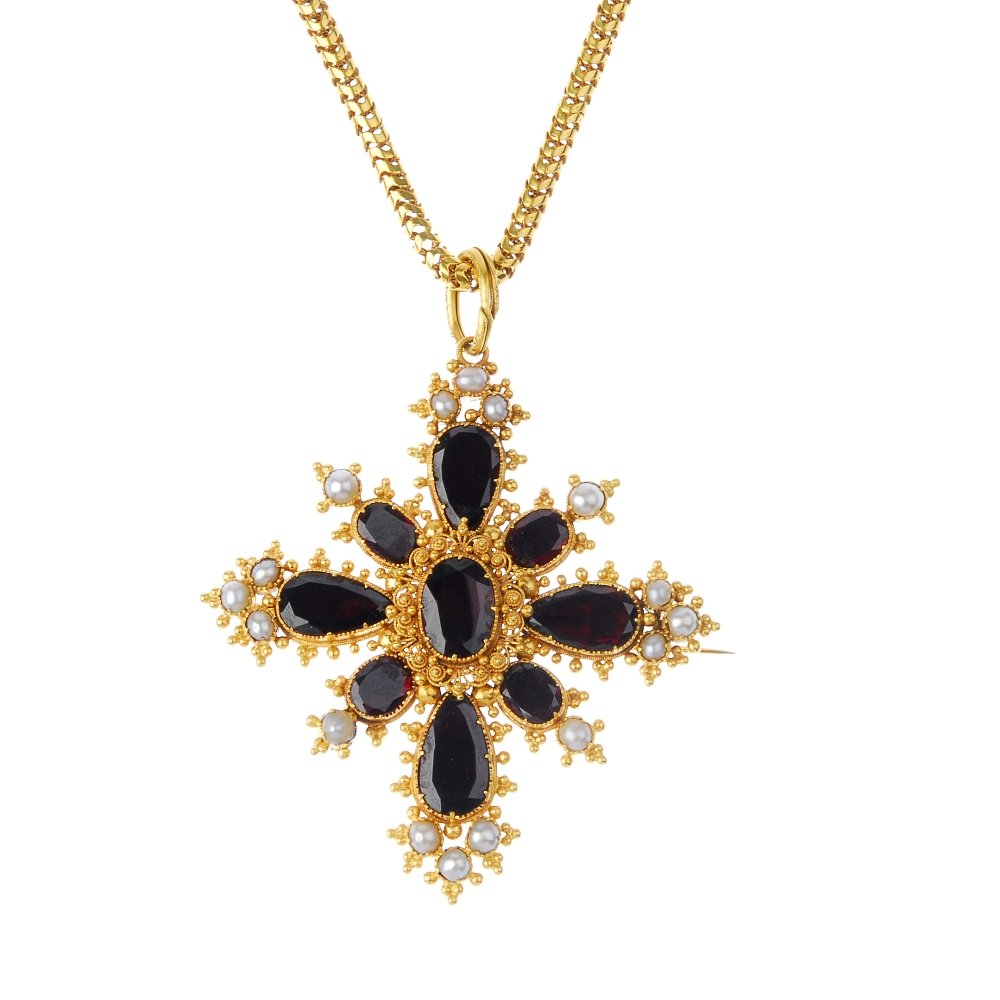 A garnet and seed pearl demi-parure. (1 of 5)