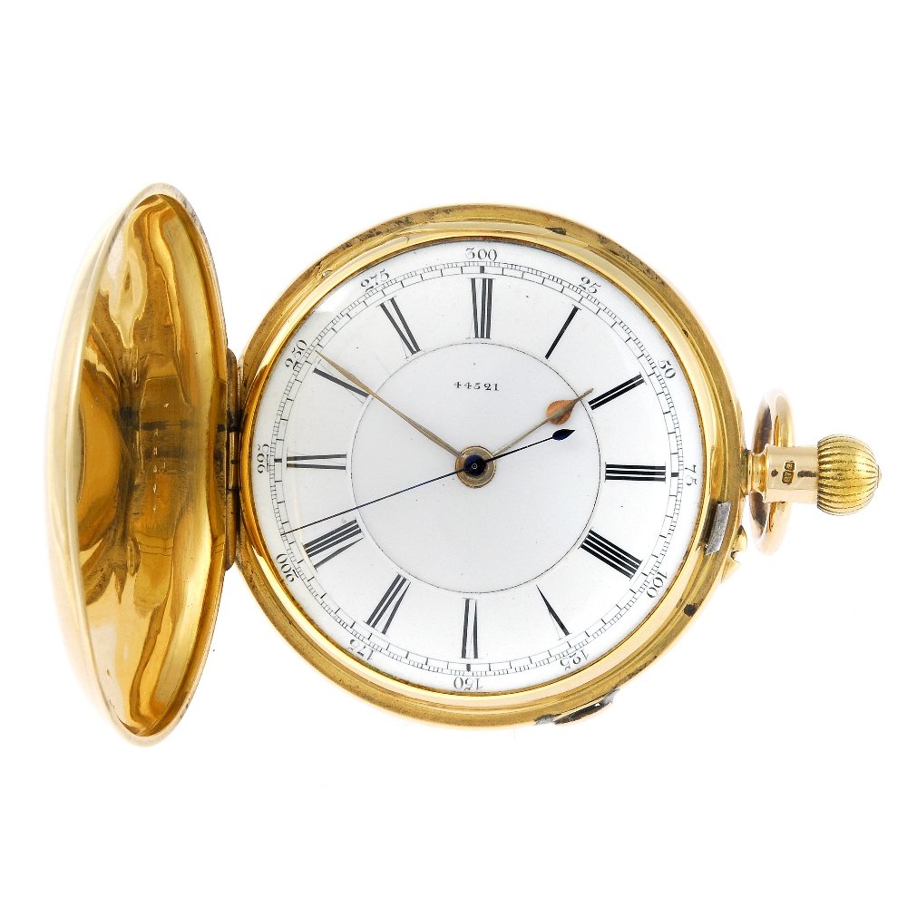 An 18ct yellow gold full hunter centre seconds pocket: A full hunter centre seconds pocket watch. 18ct yellow gold with engraved monogram to case front, hallmarked Chester 1892. Unsigned keyless wind three quarter plate movement with ratchet tooth lever e