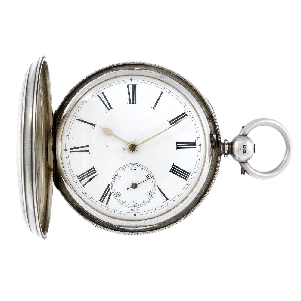 A silver full hunter pocket watch with a pocket watch: A full hunter pocket watch. Silver case, hallmarked Chester 1891. Unsigned key wind full plate fusee and chain movement with ratchet tooth lever escapement. White enamel dial with Roman numeral hour m