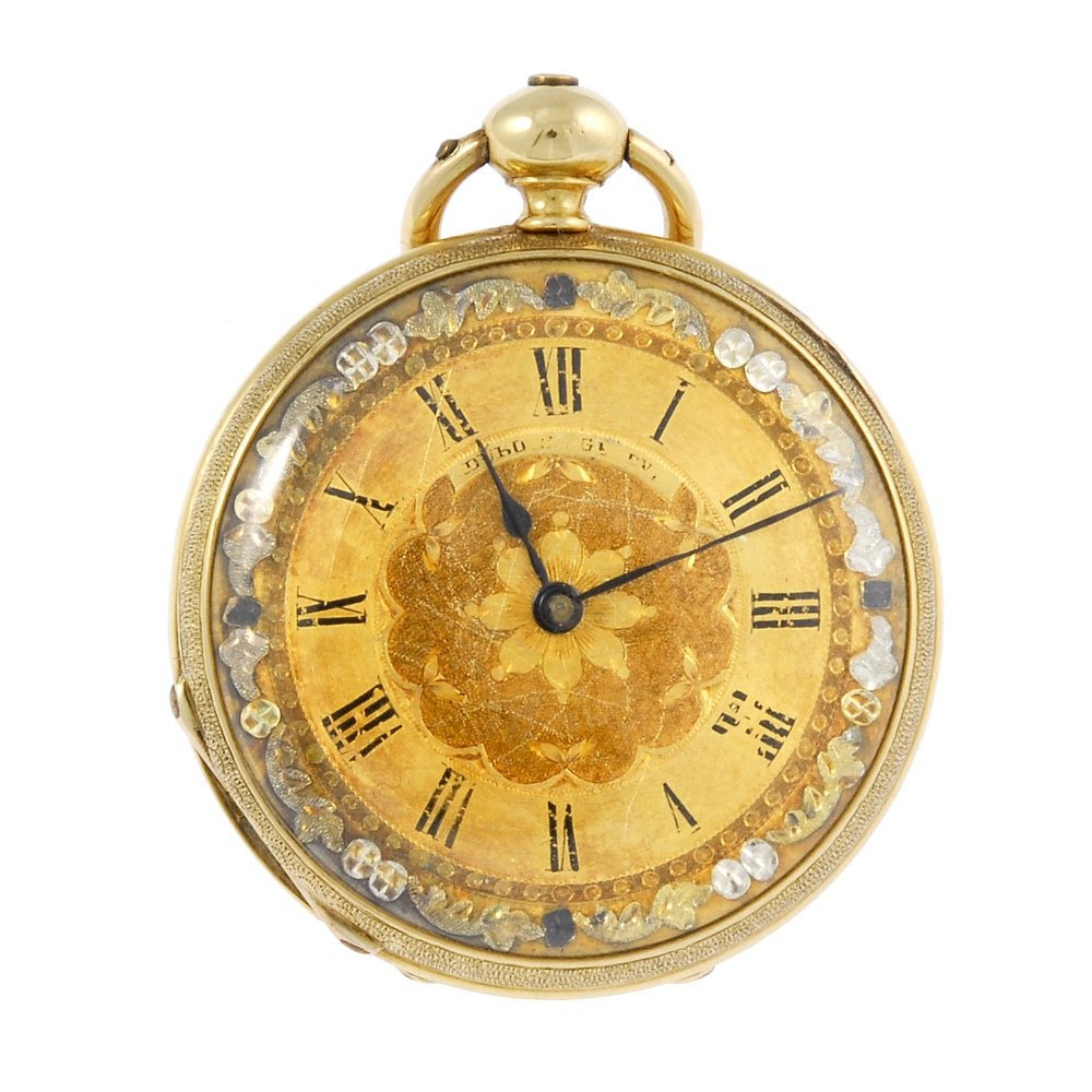 A yellow metal open face pocket watch by Dubots: An open face pocket watch by Dubots. Yellow metal case with enamel decoration to the case back depicting a cherub, stamped 18K. Signed key wind Swiss bar movement with cylinder escapement. Gilt dial w