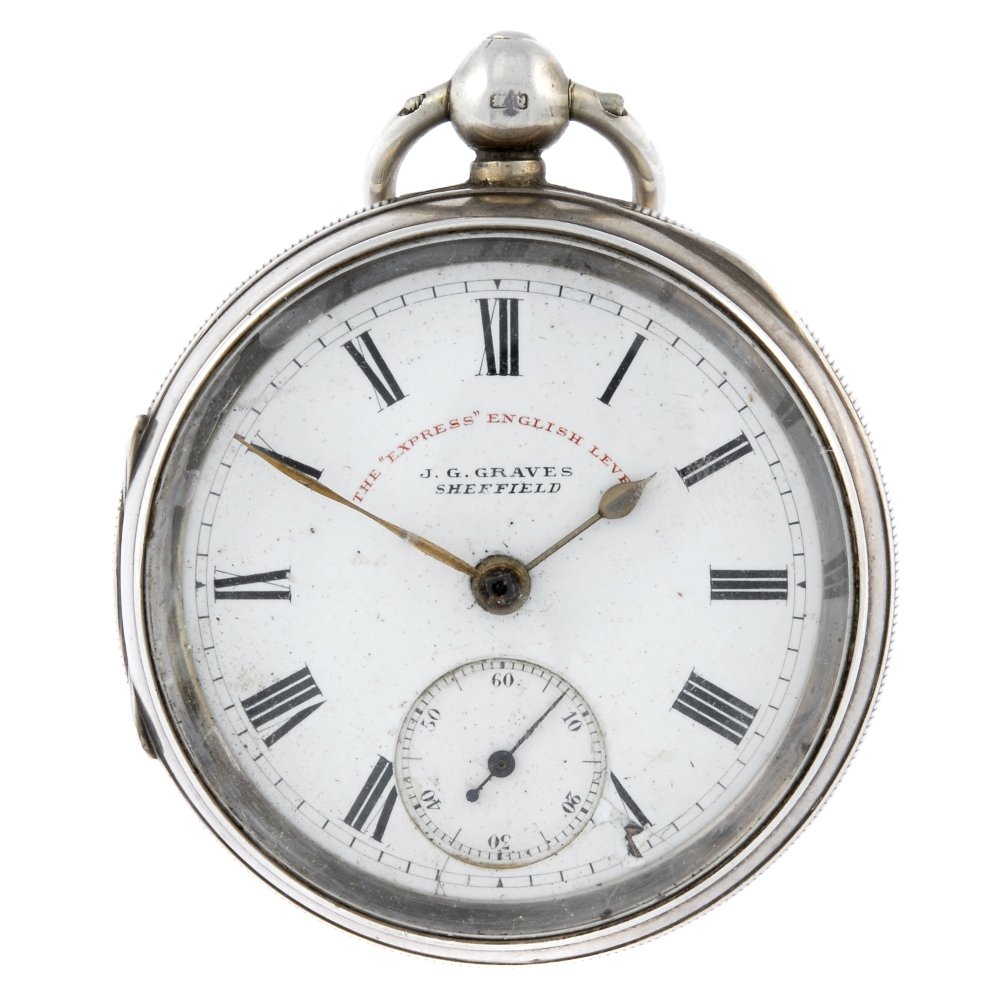 A silver open face pocket watch by J.G Graves.: An open face pocket watch by J.G Graves. Silver case, hallmarked Chester 1899. Unsigned key wind full plate going barrel movement with club tooth lever escapement. White enamel dial with Roman numeral