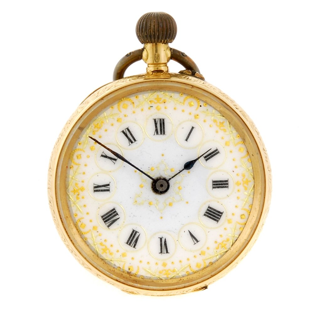 A yellow metal open face fob watch. (1 of 4)