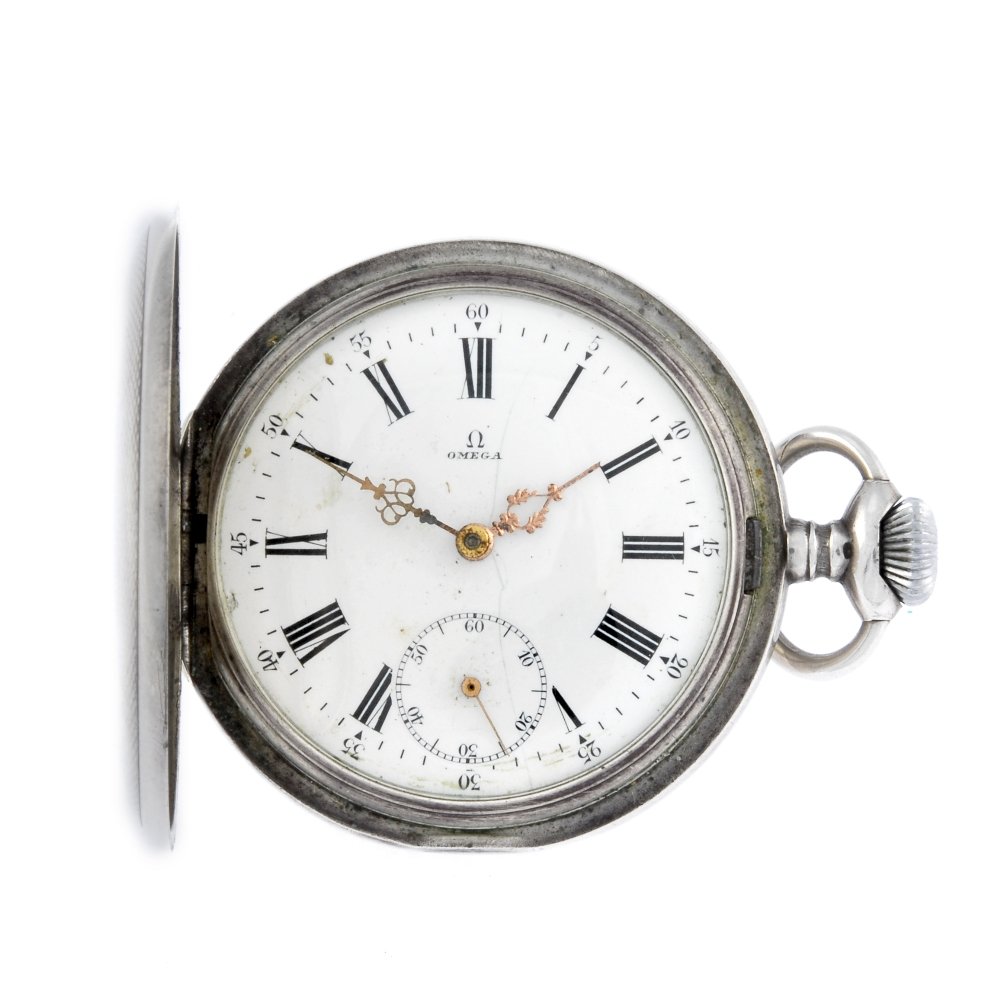 A white metal full hunter pocket watch by Omega.: A full hunter pocket watch by Omega. White metal case, stamped 0.800 with poincon. Number 4380743. Signed keyless wind movement with club tooth lever escapement. White enamel dial with Roman numeral h