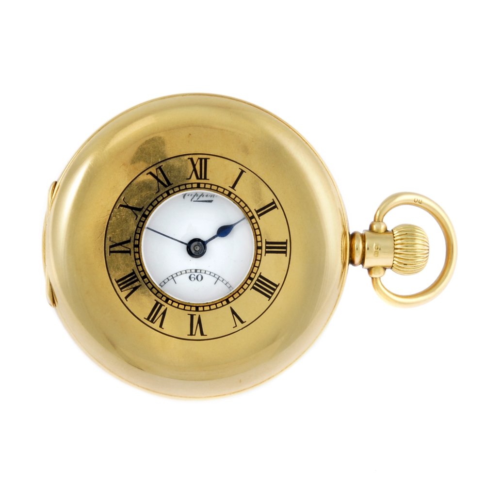 An 18ct yellow gold half hunter pocket watch by Mappin.: A half hunter pocket watch by Mappin. 18ct yellow gold case, hallmarked Birmingham 1929. Numbered 472758. Unsigned keyless wind movement with ratchet tooth lever escapement. White enamel dial with Rom