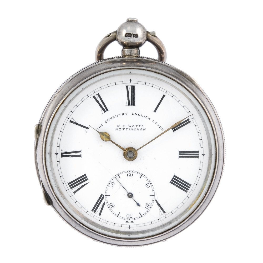 A silver open face pocket watch by W.E Watts.: An open face pocket watch by W.E Watts. Silver case with engraved cartouche and engraved inner cover, hallmarked Birmingham 1902. Signed key wind going barrel movement with ratchet tooth lever escapem