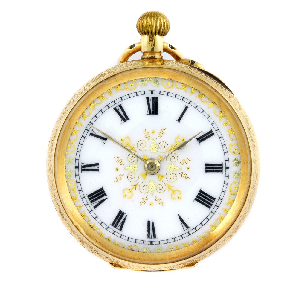 An 18ct yellow gold open face pocket watch.: An open face pocket watch. 18ct yellow gold case, import hallmarked London 1927. Numbered 344033. Unsigned keyless wind Swiss bar movement with ratchet tooth lever escapement. White enamel dial with R