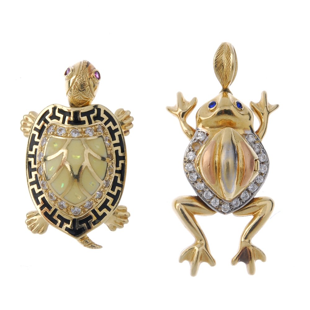 Two cubic zirconia and enamel novelty pendants. (1 of 2)