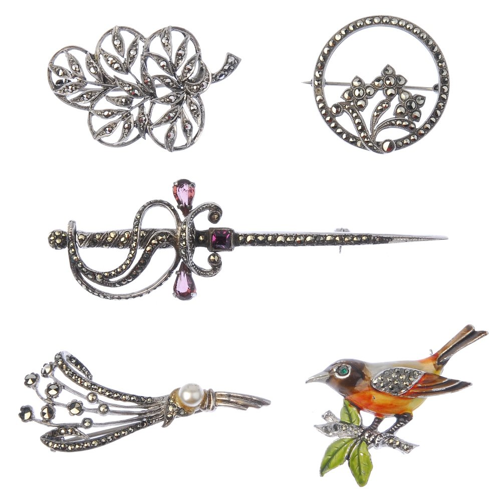 A selection of marcasite jewellery.: A selection of marcasite jewellery. To include a brooch in the shape of a bird on a branch, with brown, orange and white enamel to the bird and green enamel to the branch leaves, together with another