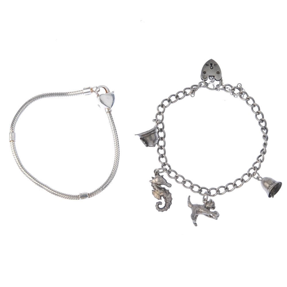 Two charm bracelets and a selection of charms.: Two charm bracelets and a selection of charms. The snake chain bracelet with twenty-five loose charms including a rose charm, together with a curb-link chain suspending four charms including a cat and