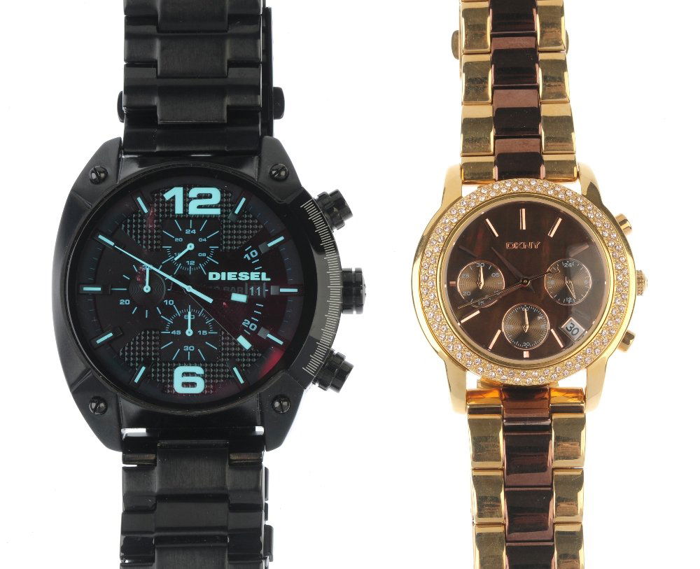 A large bag of various wrist watches, including DKNY,: A large bag of various wrist watches, including examples by DKNY, Guess etc. All recommended for spares and repairs purposes only. Approximately 100.