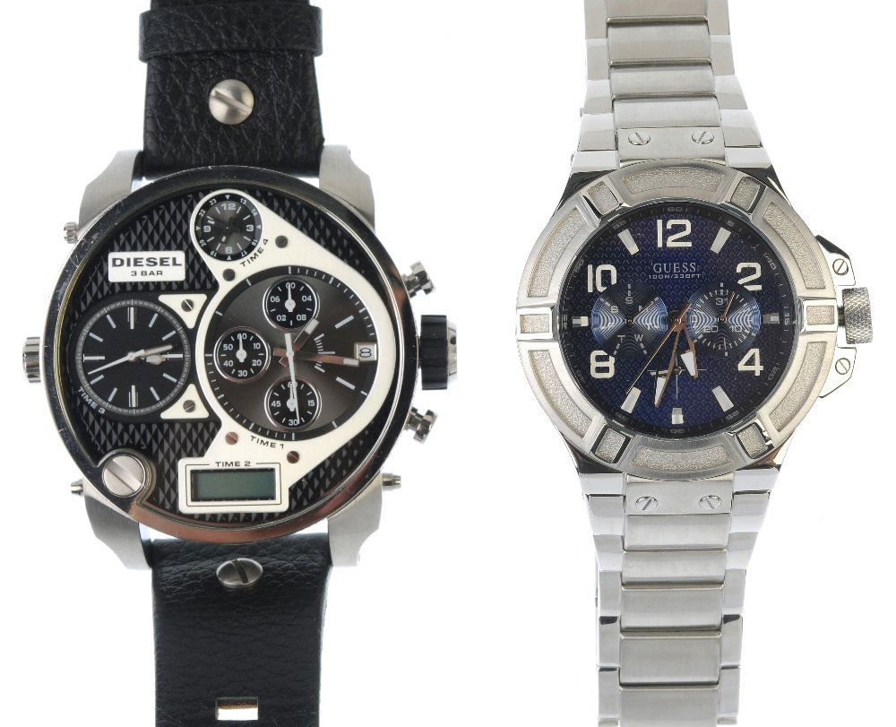 A large bag of various wrist watches, including DKNY,: A large bag of various wrist watches, including examples by DKNY, Guess etc. All recommended for spares and repairs purposes only. Approximately 100.