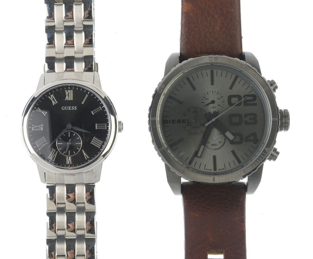 A large bag of various wrist watches, including DKNY,: A large bag of various wrist watches, including examples by DKNY, Guess etc. All recommended for spares and repairs purposes only. Approximately 100.