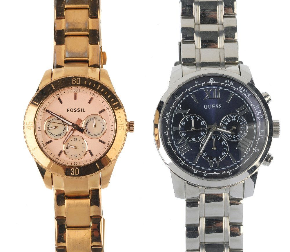 A large bag of various wrist watches, including DKNY,: A large bag of various wrist watches, including examples by DKNY, Guess etc. All recommended for spares and repairs purposes only. Approximately 100.