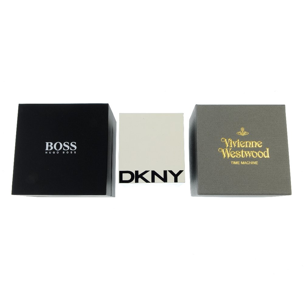 A selection of assorted watch boxes.: A selection of watch boxes, including examples by Vivienne Westwood, Hugo Boss, DKNY etc.