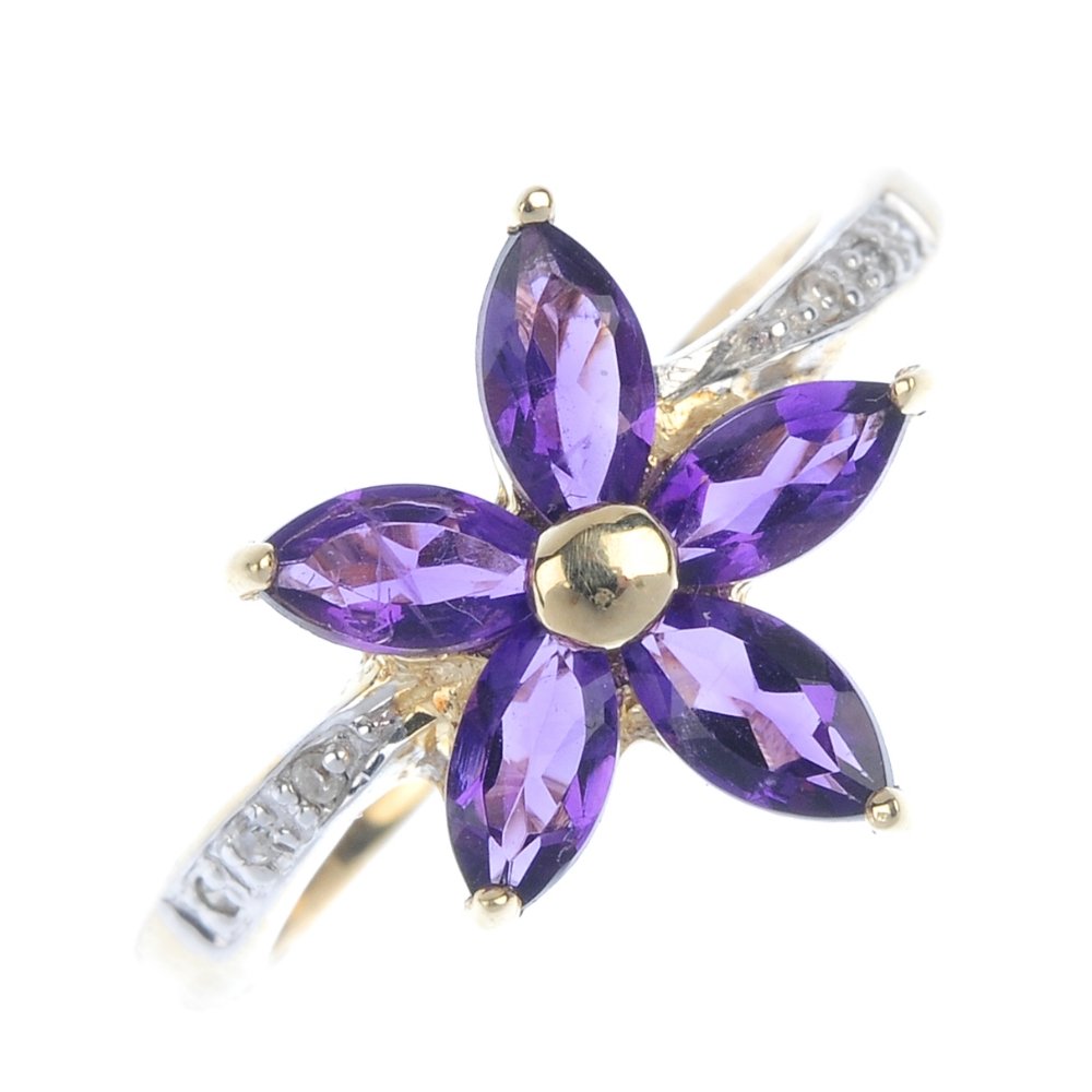 A 9ct gold amethyst floral dress ring. (1 of 3)