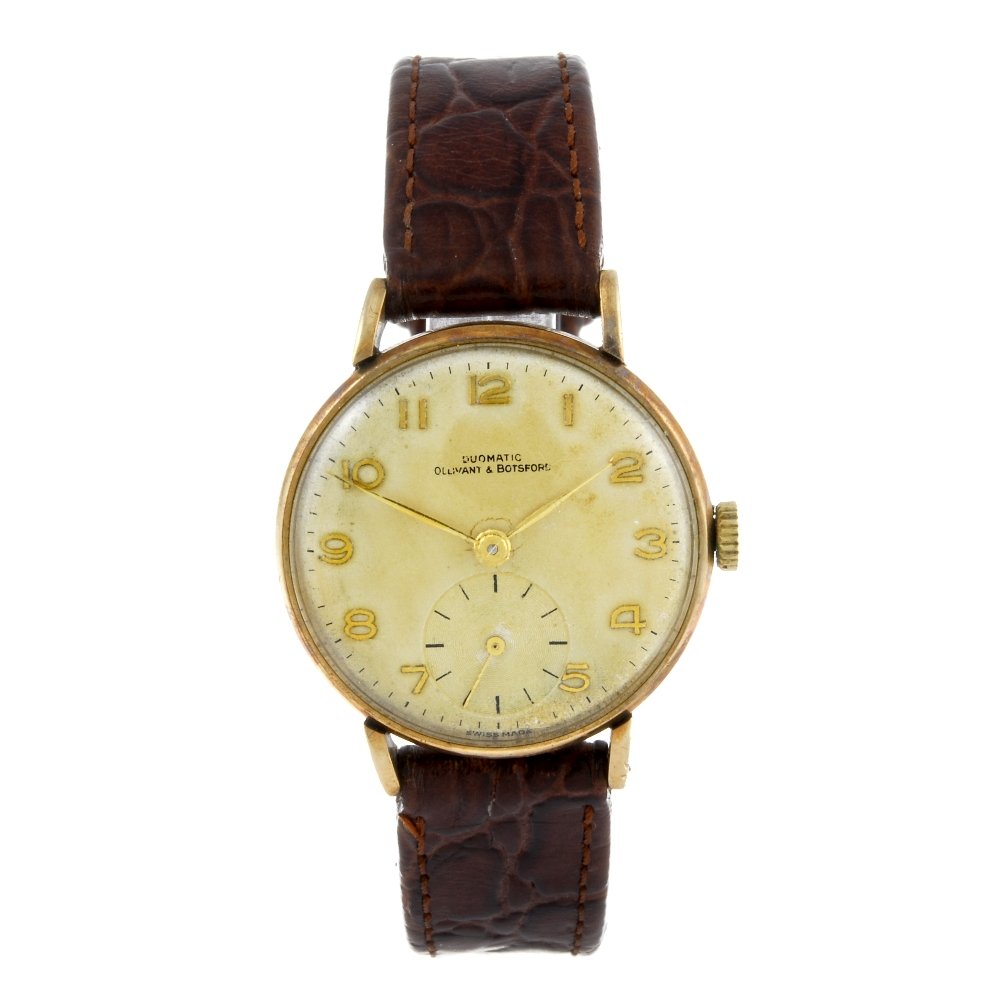 OLLIVANT & BOTSFORD - a gentleman's wrist watch. 9ct: OLLIVANT & BOTSFORD - a gentleman's wrist watch. 9ct yellow gold case, hallmarked Birmingham 1954. Numbered 613764. Signed manual wind movement. Silvered dial with Arabic numeral hour markers, subsidi