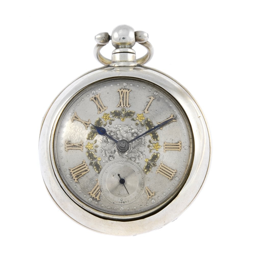 A pair case pocket watch. Silver cases, hallmarked: A pair case pocket watch. Silver cases, hallmarked Chester 1887. Unsigned key wind full plate fusee and chain movement with ratchet tooth lever escapement. Silvered dial with Roman numeral hour marker