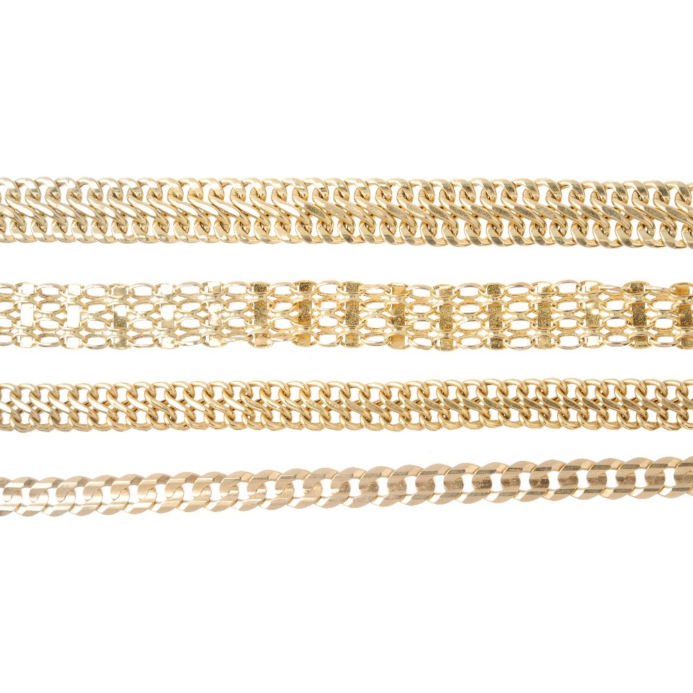 A selection of chains and bracelets. To include three: A selection of chains and bracelets. To include three fancy-link bracelets and a broken chain. Three with hallmarks for 9ct gold. Lengths 24 to 18cms. Total weight 37gms.