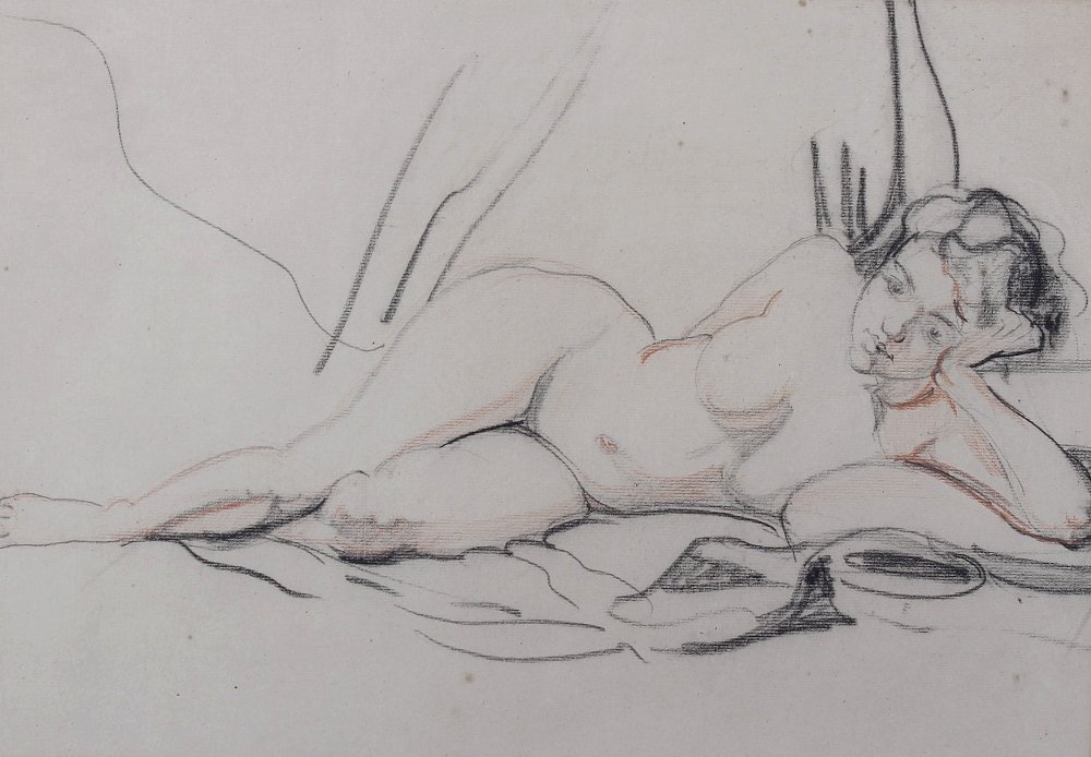 Margaret Evangeline Wilson, (1890-1977)Reclining nude,: Margaret Evangeline Wilson, (1890-1977)Reclining nude, charcoal and red chalk/pastel on textured buff paperSigned lower right, with biographical notes verso,12 x 17, (30.5cm x 43cm), in wash-lined car