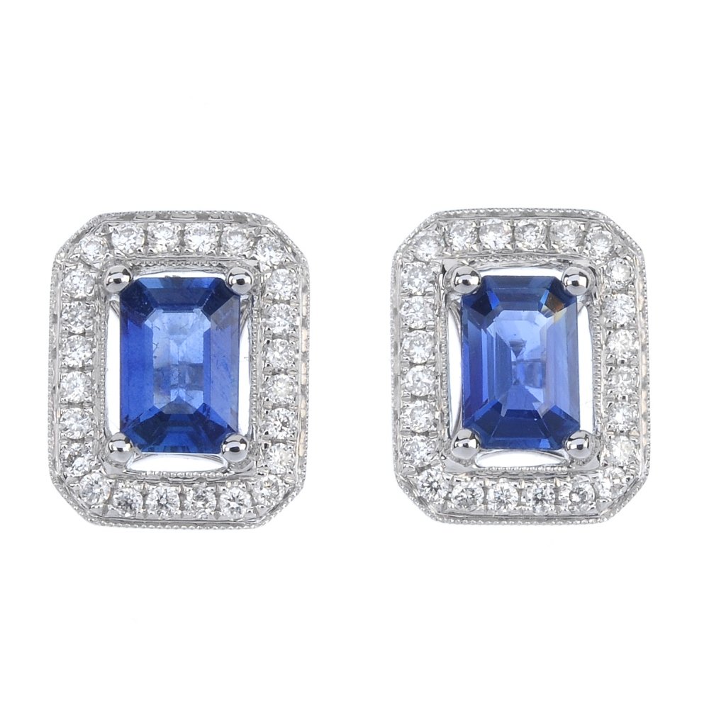 A pair of sapphire and diamond cluster ear studs. Each (1 of 2)