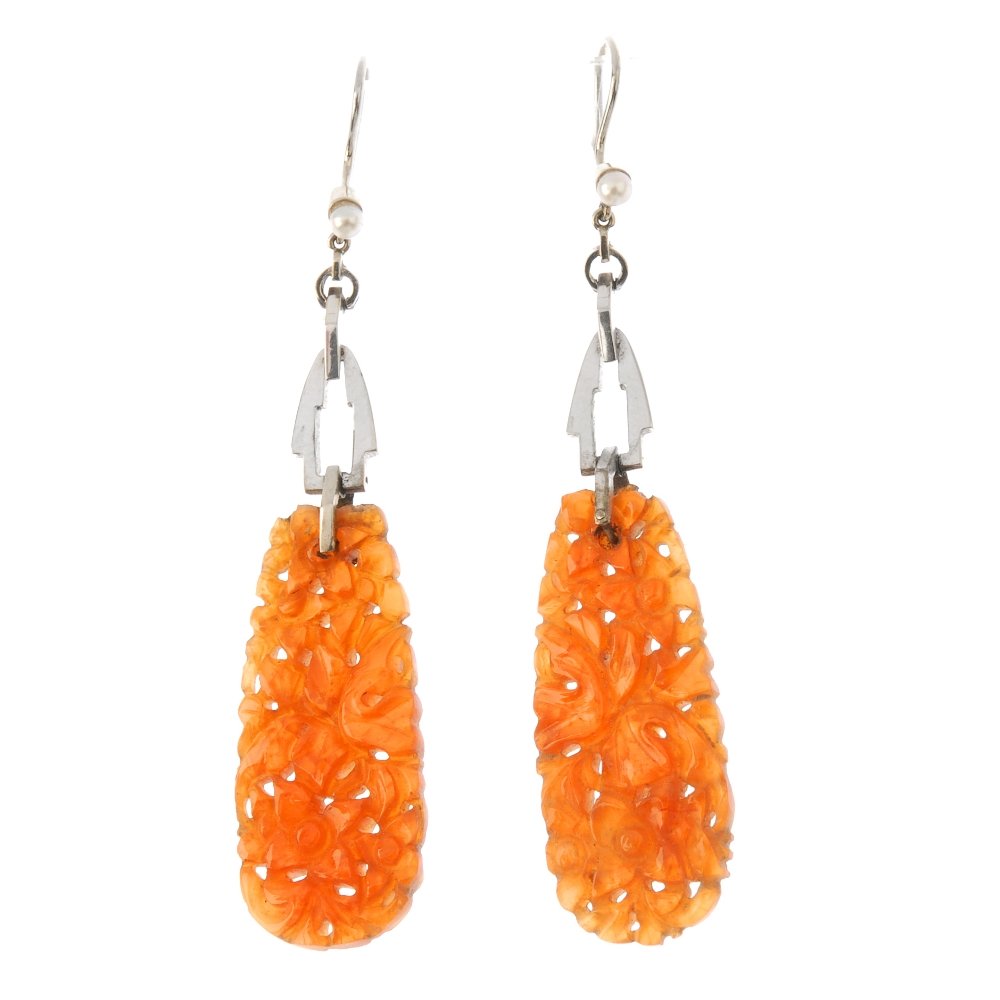 A pair of jade and seed pearl ear pendants. Each (1 of 4)