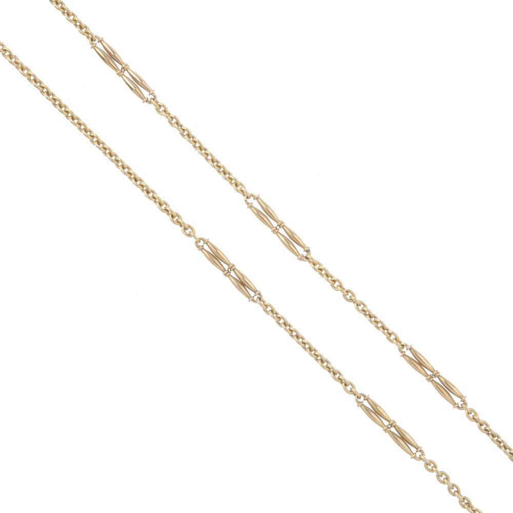 A late 19th century 15ct gold necklace. The trace-link (1 of 2)