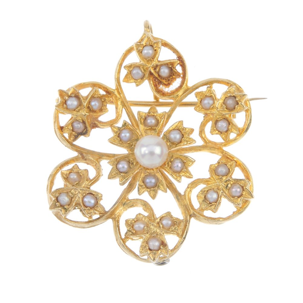 A 9ct gold split and cultured pearl openwork pendant. (1 of 2)