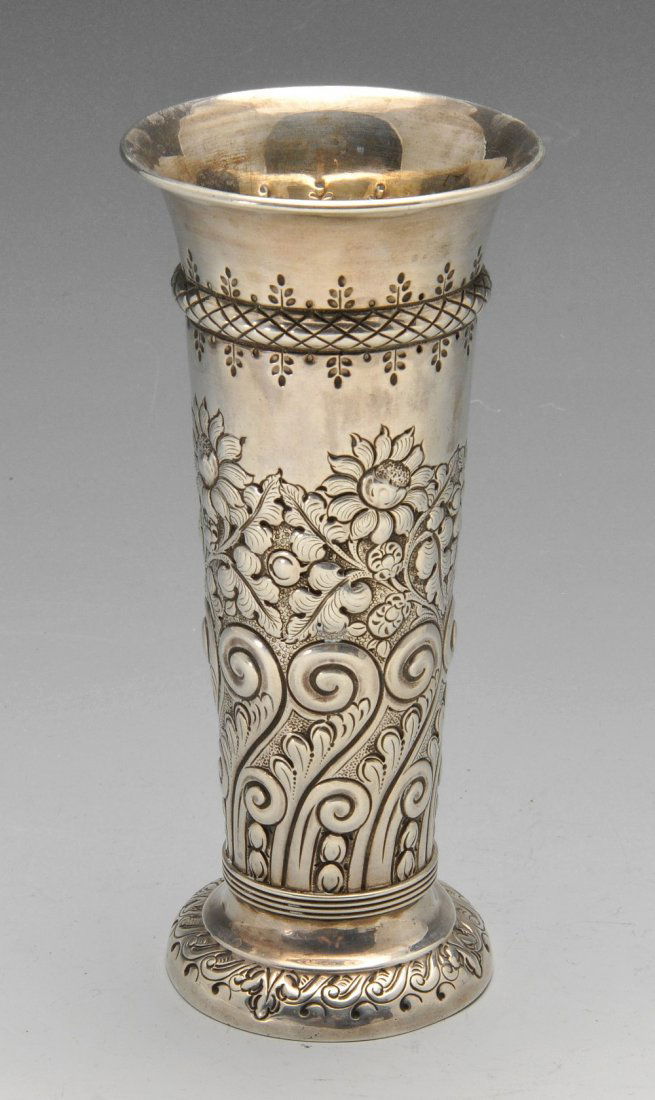 A late Victorian silver bud vase, the tapering form (1 of 5)