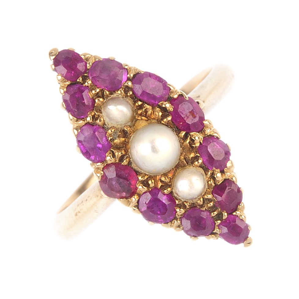 A mid 20th century 15ct gold ruby and split pearl ring. (1 of 3)