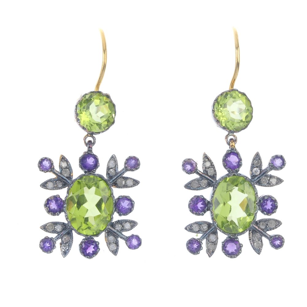 A pair of multi-gem ear pendants. Each designed as a (1 of 2)