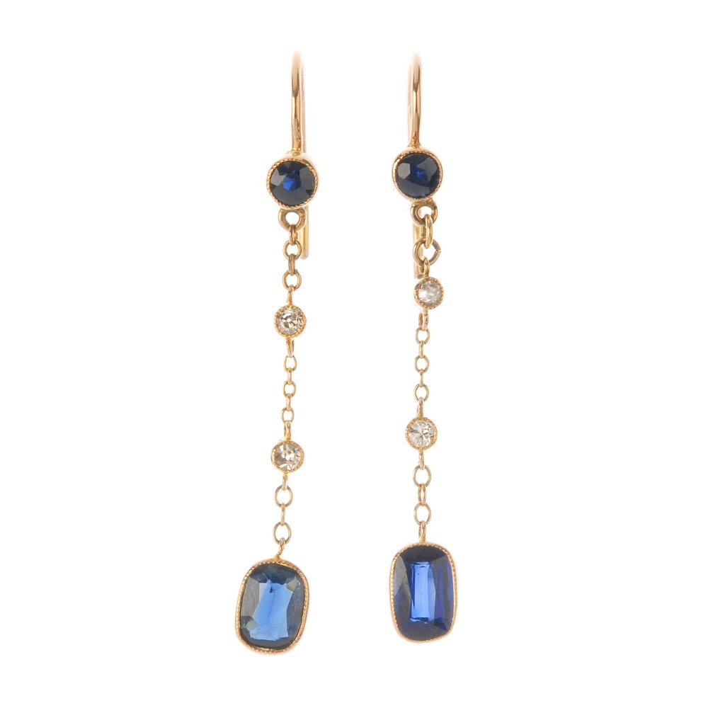 A pair of synthetic sapphire and diamond ear pendants. (1 of 2)