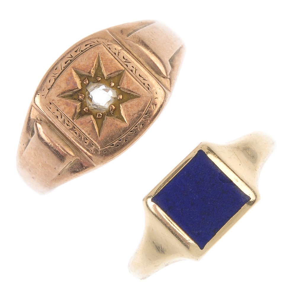 Two 9ct gold gem-set signet rings. To include an early (1 of 3)