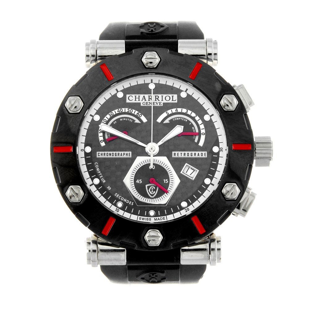 CHARRIOL - a gentleman's Rotonde XL chronograph wrist: CHARRIOL - a gentleman's Rotonde XL chronograph wrist watch. Stainless steel case with ceramic bezel. Reference RT42CR, serial 00075. Unsigned quartz movement with quick date set. Carbon fibre dial wi