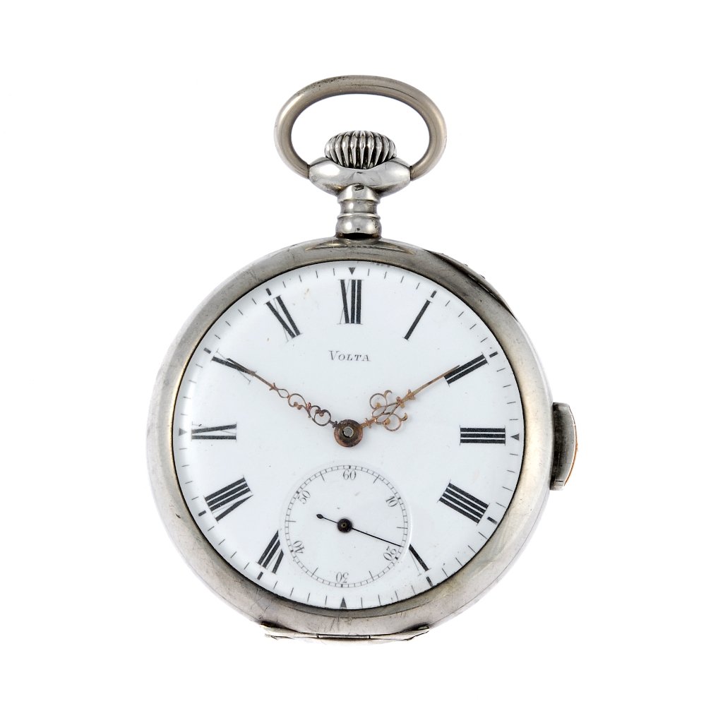 An open face repeater pocket watch by Volta. White: An open face repeater pocket watch by Volta. White metal case, stamped 0,800. Numbered 25349. Unsigned keyless wind movement with club tooth lever escapement and repeating complication. White enamel d