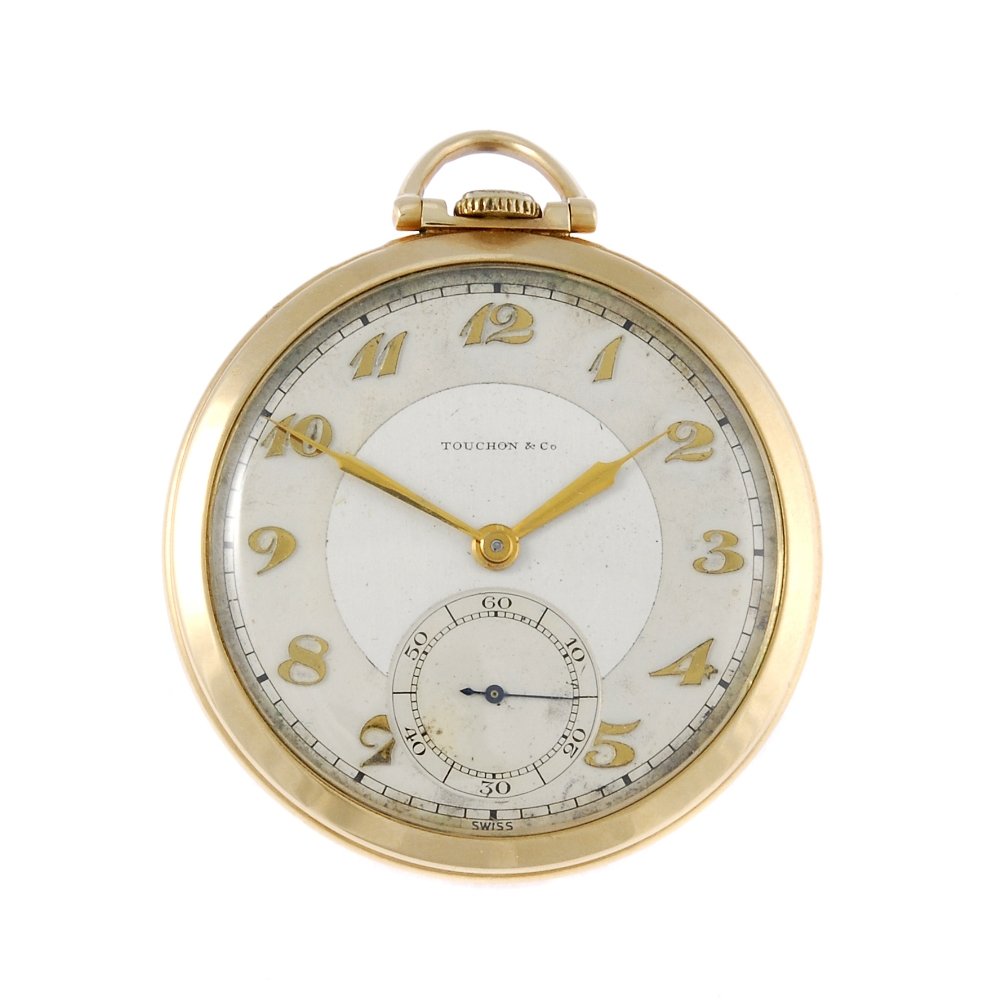 An open face pocket watch by Touchon & Co. Yellow metal: An open face pocket watch by Touchon & Co. Yellow metal case, stamped 14K. Numbered 96708. Signed keyless wind seventeen jewel movement with club tooth lever escapement. Two-tone silvered dial with Ar