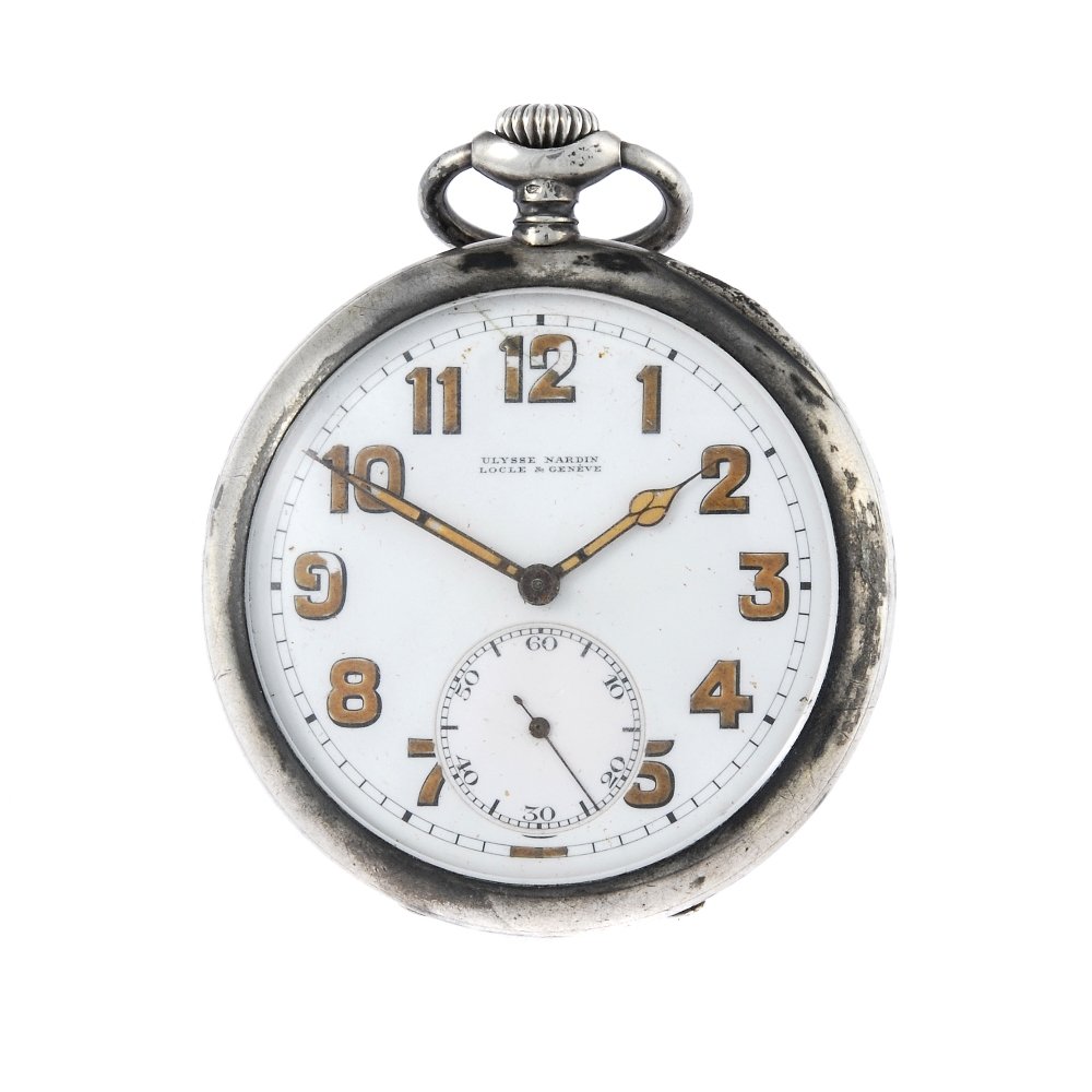 An open face military pocket watch by Ulysse Nardin.: An open face military pocket watch by Ulysse Nardin. White metal case with inscription to rear, stamped 0.800. Numbered 8795 and 328236. Signed keyless wind seventeen jewel movement with club tooth le