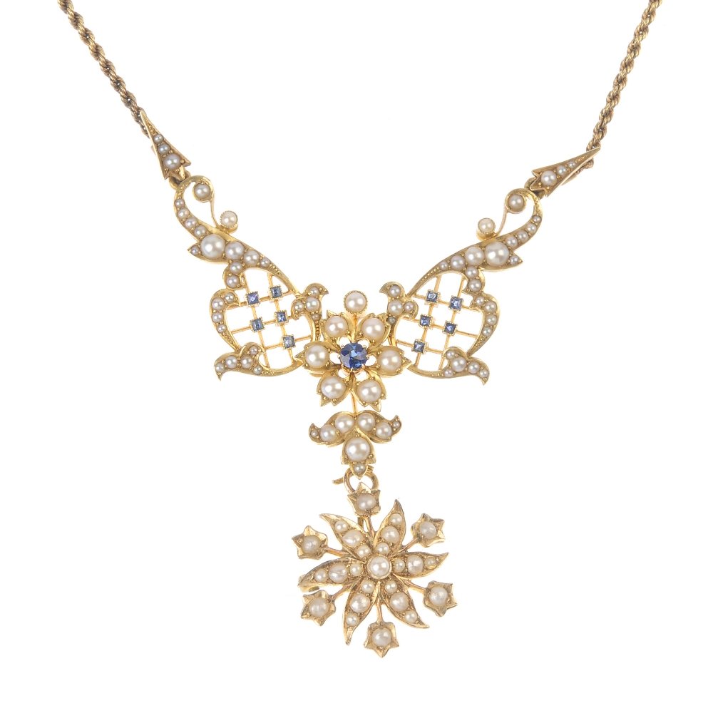 An Edwardian gold sapphire and split pearl necklace. Of (1 of 3)