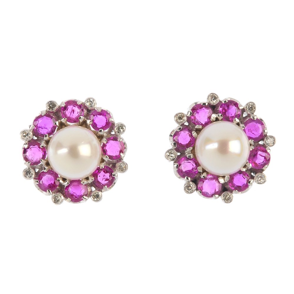 A pair of cultured pearl and ruby ear studs. Each (1 of 2)