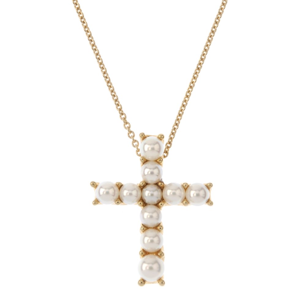 MIKIMOTO - a cultured pearl pendant. Designed as a: MIKIMOTO - a cultured pearl pendant. Designed as a slightly graduated cultured pearl cross, suspended from a fine belcher-link chain. Maker's mark for Mikimoto. Length of pendant 2.5cms. Length of cha