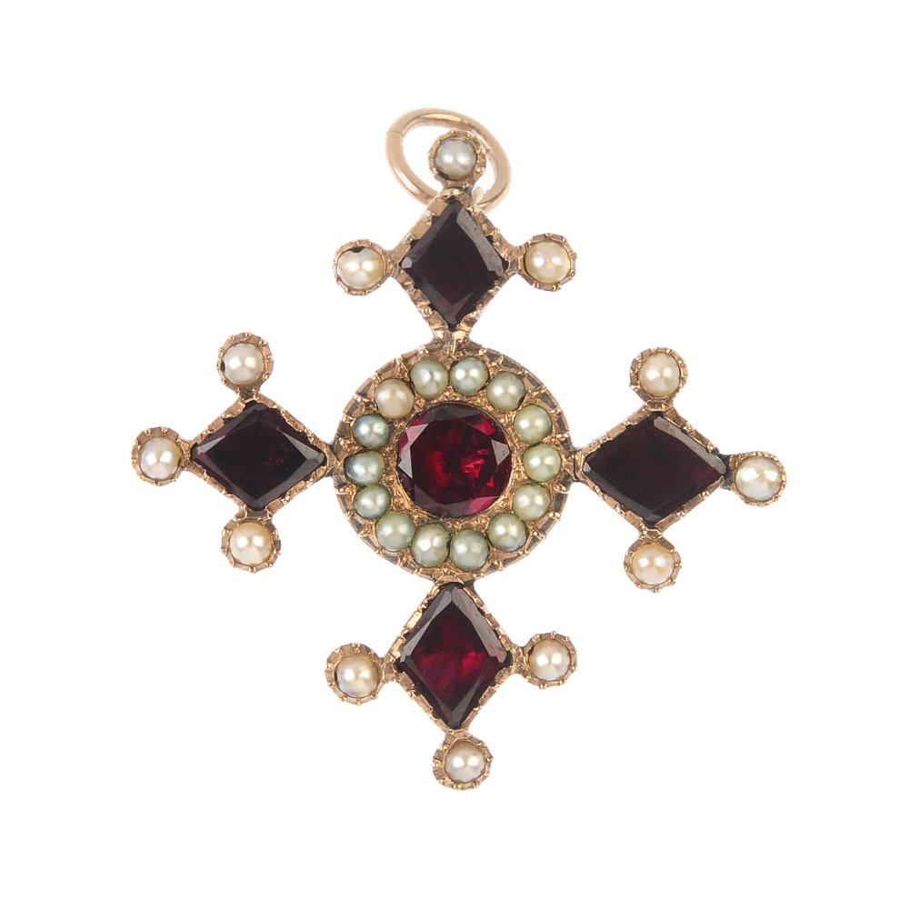 A late 19th century gold garnet and split pearl cross (1 of 2)