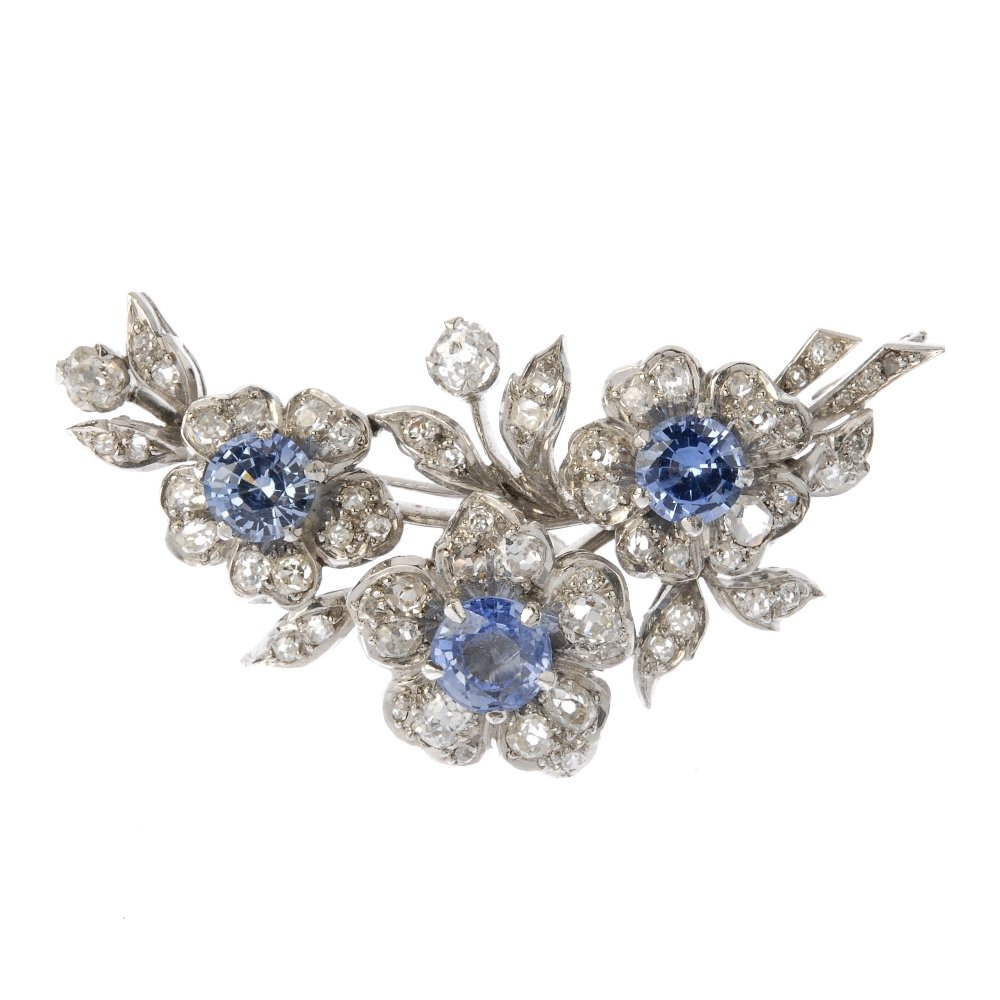 A mid 20th century sapphire and diamond floral spray (1 of 2)