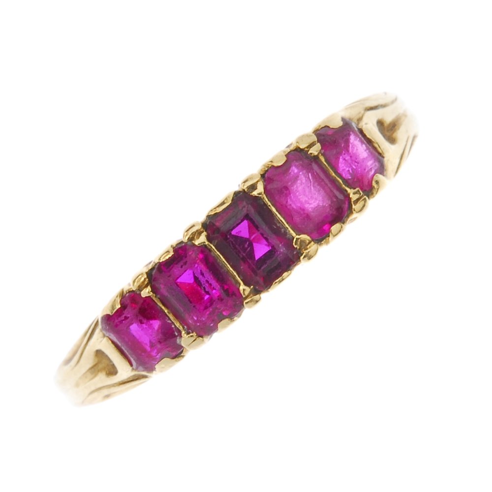 A late 19th century 18ct gold ruby five-stone ring. The (1 of 3)