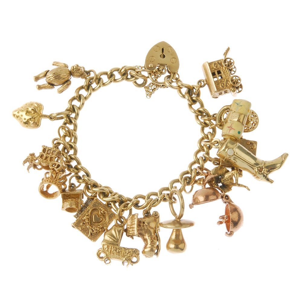 A 9ct gold charm bracelet. The curb links suspending a: A 9ct gold charm bracelet. The curb links suspending a series of seventeen charms, to include a pram, a boot and a teddy bear. Seven with hallmarks for 9ct gold. Length 14cms. Total weight 42.3gms. Ov