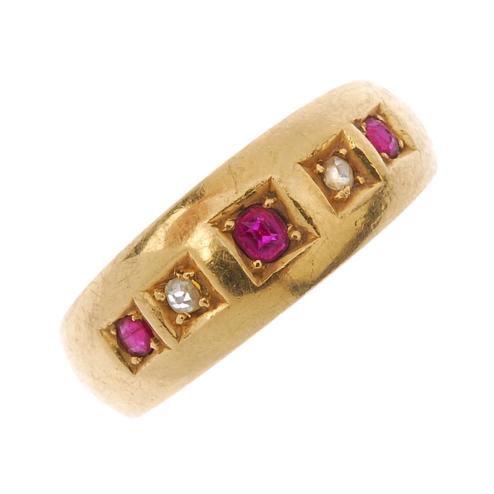 A Victorian 18ct gold ruby and diamond five-stone ring. (1 of 3)