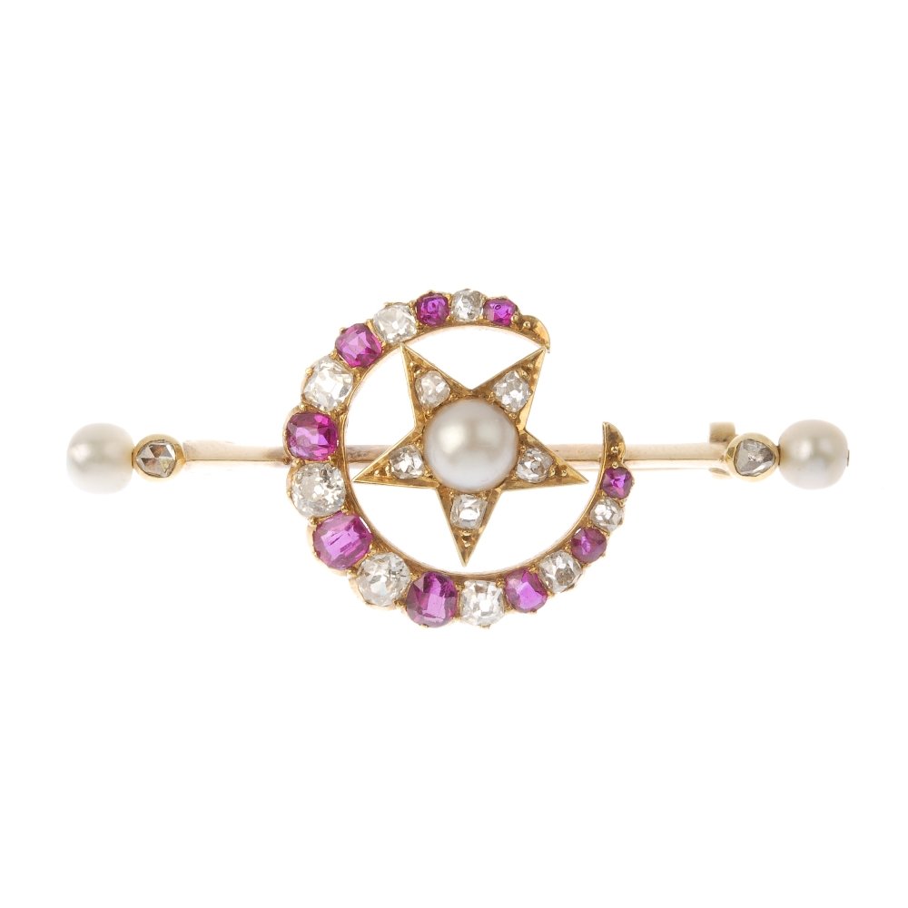 A diamond and gem-set bar brooch. The split pearl and (1 of 2)
